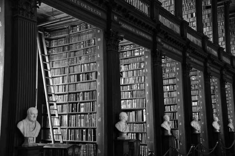 Sala de lectura con altas estanterías de madera